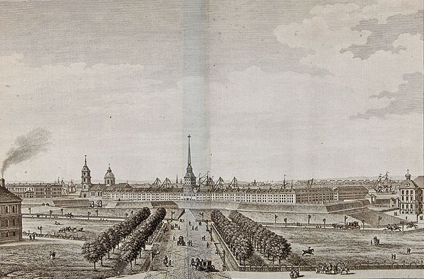 старинная гравюра строительства Петербурга
