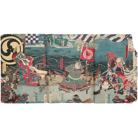 Самураи перед битвой -Триптих - Гравюра, вторая половина XIX века, Япония