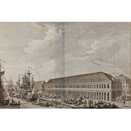 Санкт-Петербург. Вид на Биржу и Торговые ряды со стороны Малой Невы. Резцовая гравюра на меди. Франция, 1780-е годы