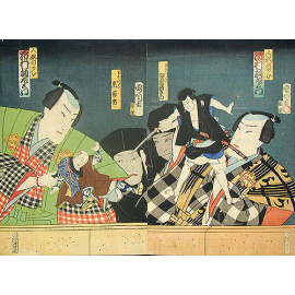 Диптих. Кукольный театр с куклами-самураями. Цветная гравюра (XIX век), Япония