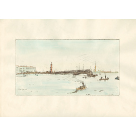 Санкт-Петербург. Вид на Дворцовый мост. Литография, ручная раскраска (первая четверть ХХ века), Россия