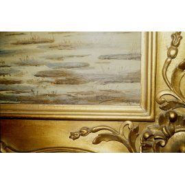 Савина Н., худ. Рыбалка: рыбак с сетью-садком в лодке на озере.