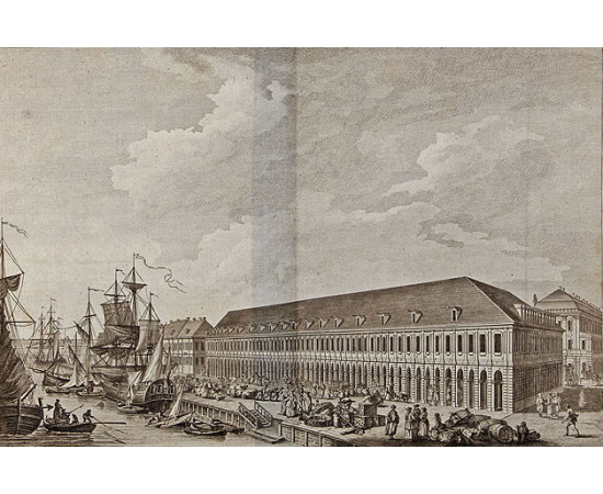 Санкт-Петербург. Вид на Биржу и Торговые ряды со стороны Малой Невы. Резцовая гравюра на меди. Франция, 1780-е годы