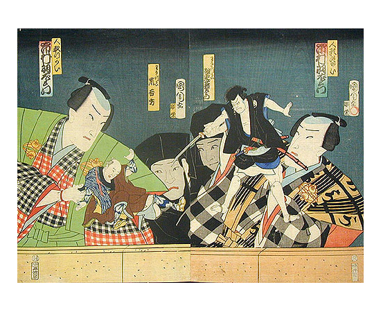 Диптих. Кукольный театр с куклами-самураями. Цветная гравюра (XIX век), Япония