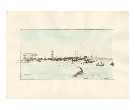 Санкт-Петербург. Вид на Дворцовый мост. Литография, ручная раскраска (первая четверть ХХ века), Россия