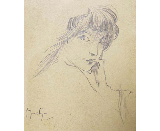 Рисунок Альфонса Мухи. Карандаш, бумага. Западная Европа, начало XX века