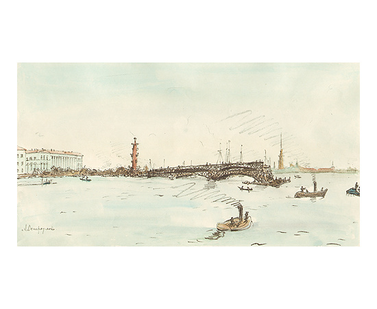 Санкт-Петербург. Вид на Дворцовый мост. Литография, ручная раскраска (первая четверть ХХ века), Россия