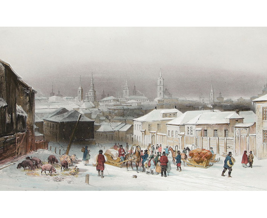 Вид на Вязьму с улицы Смоленской. Цветная литография. Франция, 1840 год