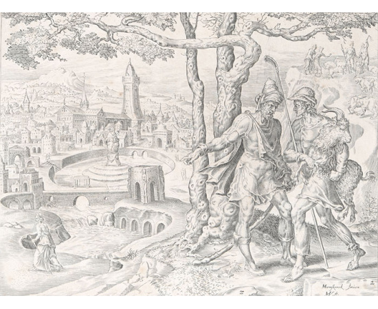 Иуда посылает козленка в качестве залога. Иллюстрация из Библии Пискатора. Офорт, резец. Нидерланды, середина XVII века