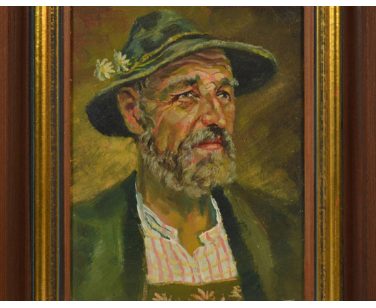 Картина "Портрет баварца в зеленой шляпе". Масло, холст. Германия, первая половина XX века