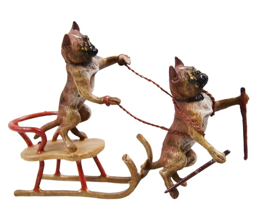 Скульптура миниатюра "Два мопса на санях". Венская бронза. Австрия, начало XX века